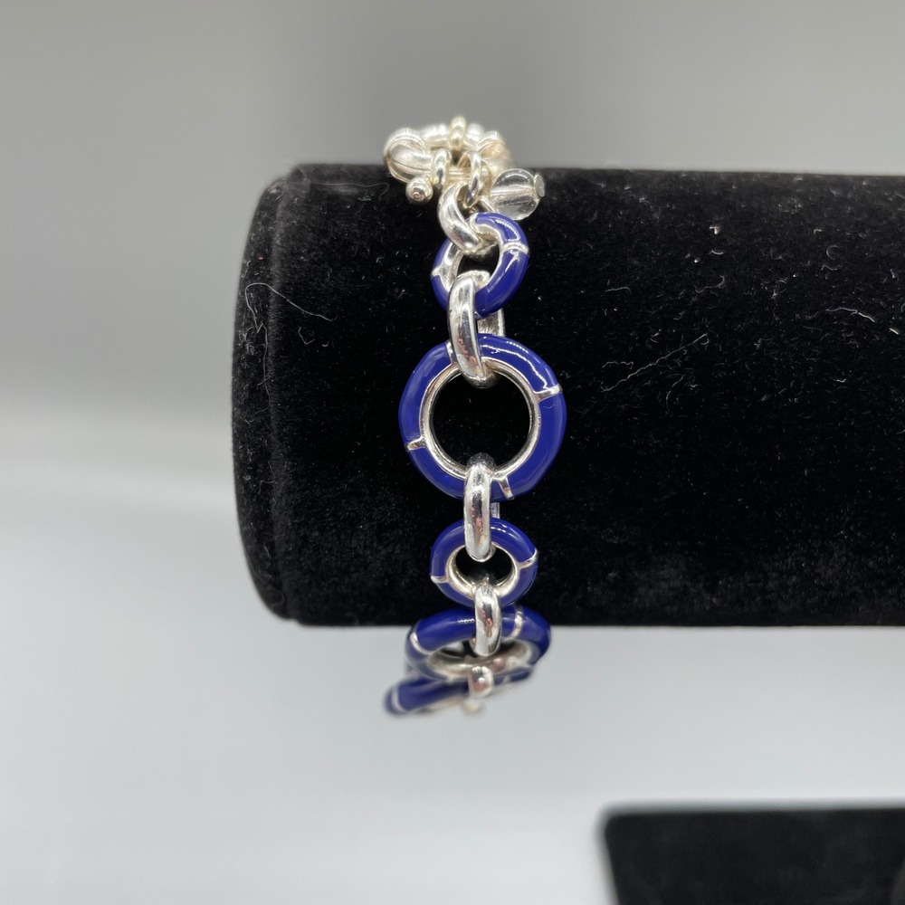 Silver Tone Cobalt Blue Enamel Circle Link Bracelet with Spring Ring Clasp 7.5"